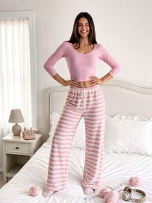 Comfortcana Women's Comfortable Versatile Tie-Waist Striped Colorblock Long Pants - Pink - View 5