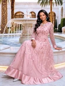 Fleurora Plus Size Women's V-Neck Leaf Embroidered Pattern Casual Party Dress Fall Wedding Guest Dress Pink Dress 2026 Luxury Evening Wedding Dresses - Dusty Pink - View 3