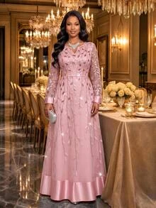 Fleurora Plus Size Women's V-Neck Leaf Embroidered Pattern Casual Party Dress Fall Wedding Guest Dress Pink Dress 2026 Luxury Evening Wedding Dresses - Dusty Pink - View 5