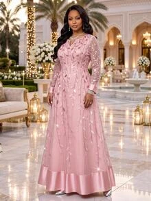 Fleurora Plus Size Women's V-Neck Leaf Embroidered Pattern Casual Party Dress Fall Wedding Guest Dress Pink Dress 2026 Luxury Evening Wedding Dresses - Dusty Pink - View 1