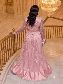 Fleurora Plus Size Women's V-Neck Leaf Embroidered Pattern Casual Party Dress Fall Wedding Guest Dress Pink Dress 2026 Luxury Evening Wedding Dresses - Dusty Pink - View 2