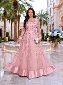 Fleurora Plus Size Women's V-Neck Leaf Embroidered Pattern Casual Party Dress Fall Wedding Guest Dress Pink Dress 2026 Luxury Evening Wedding Dresses - Dusty Pink - View 4