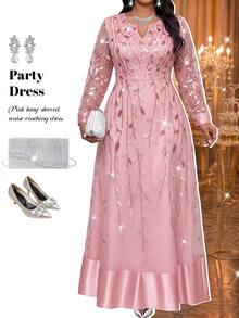 Fleurora Plus Size Women's V-Neck Leaf Embroidered Pattern Casual Party Dress Fall Wedding Guest Dress Pink Dress 2026 Luxury Evening Wedding Dresses - Dusty Pink - View 8