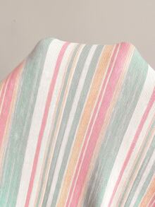 Aloruh Early Autumn Deep V-Neck Mint Green Striped Mid-Sleeve Fitted Women's T-Shirt,Going Out - White - View 9