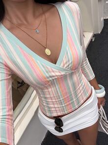 Aloruh Early Autumn Deep V-Neck Mint Green Striped Mid-Sleeve Fitted Women's T-Shirt,Going Out - White - View 5