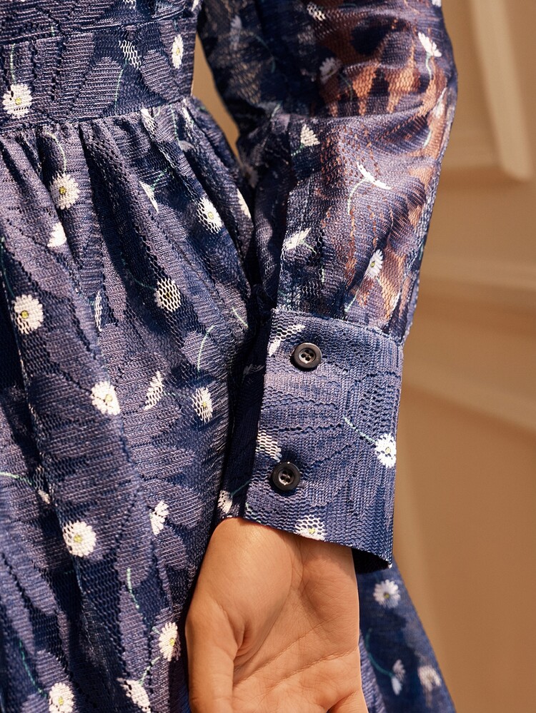 SHEIN 女款時尚優雅休閒蕾絲長袖洋裝 - 藍色 - 查看 5