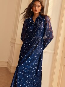 SHEIN Women's Fashion Elegant Casual Lace Long Sleeve Dress - Blue - View 9