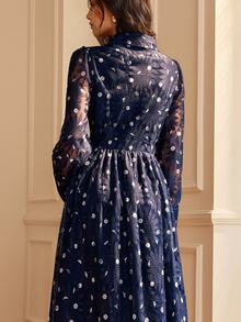 SHEIN Women's Fashion Elegant Casual Lace Long Sleeve Dress - Blue - View 6