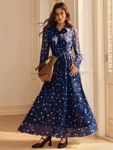 SHEIN Women's Fashion Elegant Casual Lace Long Sleeve Dress - Blue - View 4