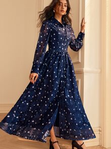 SHEIN Women's Fashion Elegant Casual Lace Long Sleeve Dress - Blue - View 8