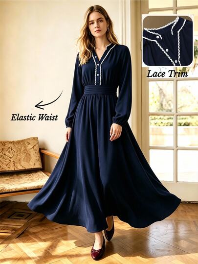 Écloséra Minimalist Elegant Solid Color Commuter Dress With Elastic Waist, Loose Lantern Sleeves, Elegant Knee-Length Dress