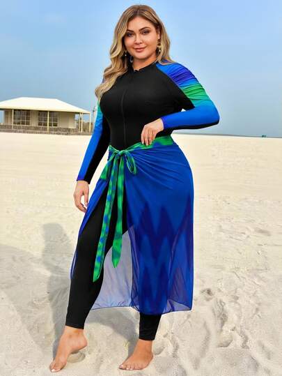 Swim Shayni طقم بوركيني نسائي مقاس كبير من قطعتين باللون الأسود، محتشم وجذاب بطبعة استوائية متدرجة، ملابس سباحة بأكمام طويلة مع تنورة ماكسي نصف شفافة، للشاطئ والصيف