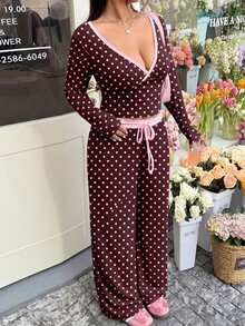 GalTyme Plus Size Women Polka Dot Print Front Tie Long Sleeve Top And Pants 2 Pieces Set Fall - Multicolor - View 5