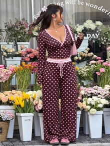 GalTyme Plus Size Women Polka Dot Print Front Tie Long Sleeve Top And Pants 2 Pieces Set Fall - Multicolor - View 3