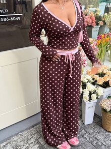 GalTyme Plus Size Women Polka Dot Print Front Tie Long Sleeve Top And Pants 2 Pieces Set Fall - Multicolor - View 6