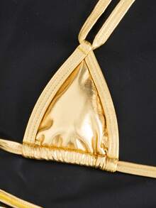 SHEIN Swim 2pcs/Set New Metallic Fabric Micro Triangle Halter Sexy Elegant Vacation Bikini Set, Suitable For Beach, Pool Party Gold Summer - Gold - View 3
