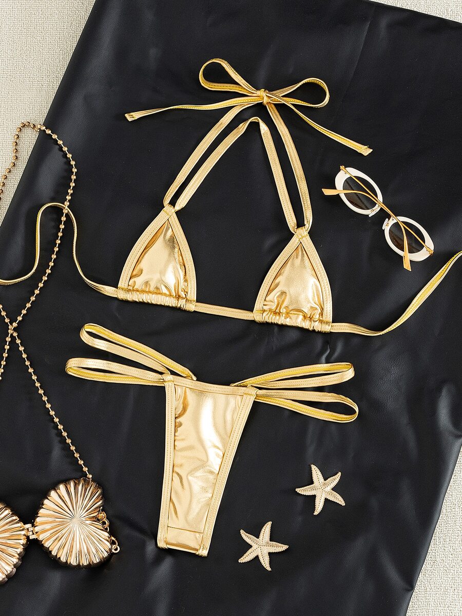 SHEIN Swim 2pcs/Set New Metallic Fabric Micro Triangle Halter Sexy Elegant Vacation Bikini Set, Suitable For Beach, Pool Party Gold Summer - Gold - View 1
