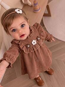SHEIN Toddler Baby Girls Corduroy Dress Sweet Elegant Brown 3D Flower Ruffle Long Sleeve Ruffle Neck Wedding Guest Holiday Fall Winter Chic Retro - Khaki - View 1