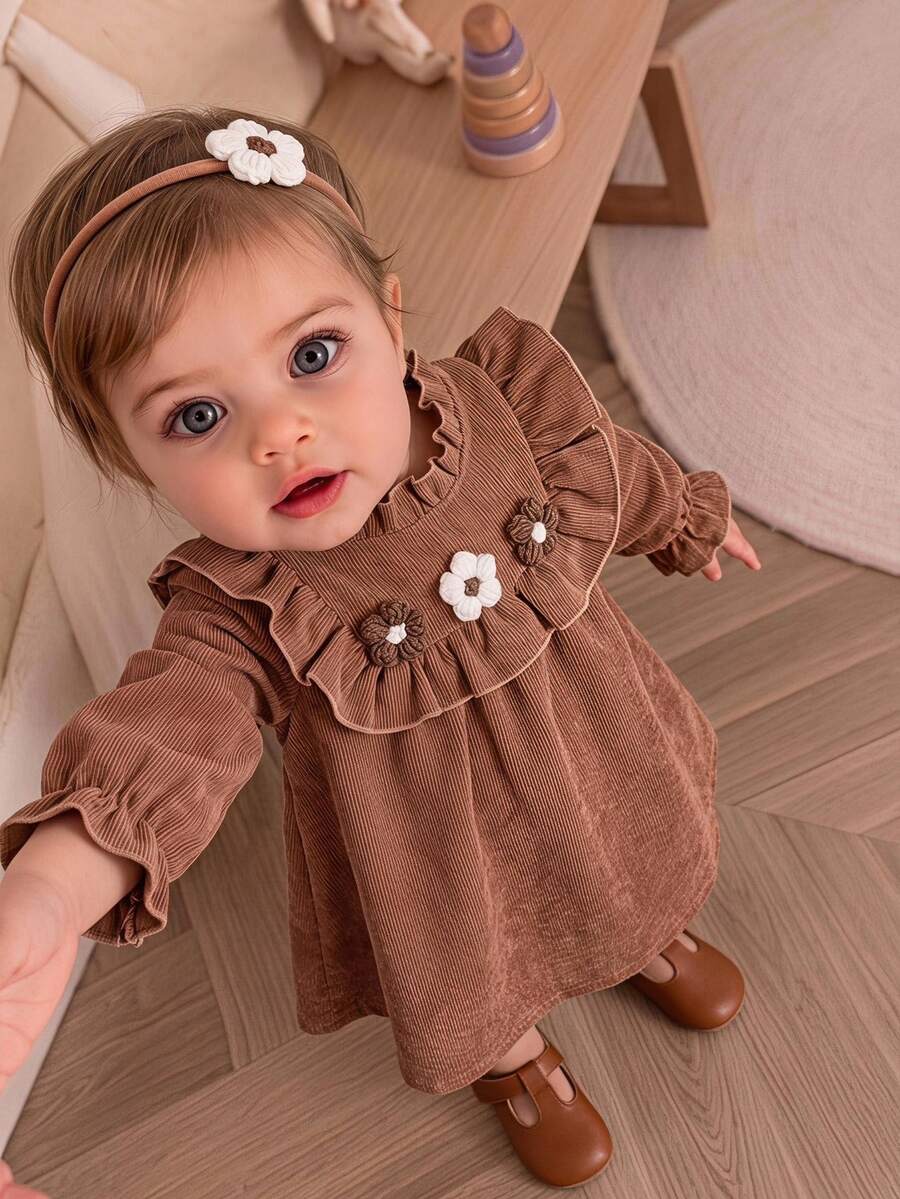 SHEIN Toddler Baby Girls Corduroy Dress Sweet Elegant Brown 3D Flower Ruffle Long Sleeve Ruffle Neck Wedding Guest Holiday Fall Winter Chic Retro - Khaki - View 1