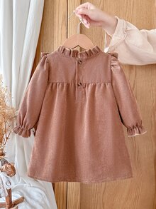 SHEIN Toddler Baby Girls Corduroy Dress Sweet Elegant Brown 3D Flower Ruffle Long Sleeve Ruffle Neck Wedding Guest Holiday Fall Winter Chic Retro - Khaki - View 2