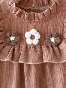 SHEIN Toddler Baby Girls Corduroy Dress Sweet Elegant Brown 3D Flower Ruffle Long Sleeve Ruffle Neck Wedding Guest Holiday Fall Winter Chic Retro - Khaki - View 4