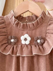 SHEIN Toddler Baby Girls Corduroy Dress Sweet Elegant Brown 3D Flower Ruffle Long Sleeve Ruffle Neck Wedding Guest Holiday Fall Winter Chic Retro - Khaki - View 3