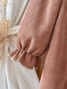 SHEIN Toddler Baby Girls Corduroy Dress Sweet Elegant Brown 3D Flower Ruffle Long Sleeve Ruffle Neck Wedding Guest Holiday Fall Winter Chic Retro - Khaki - View 6