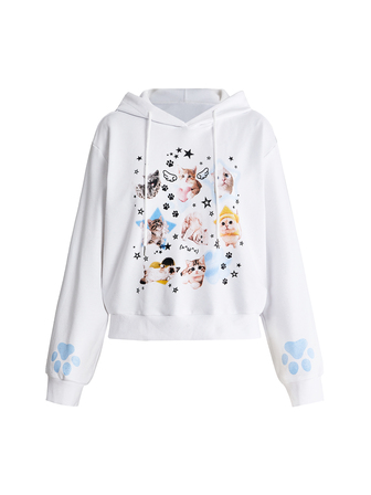 Sudadera con capucha con diseño de orejas y estampado de gato kawaii para otoño/invierno, adecuada para la escuela para mujeres