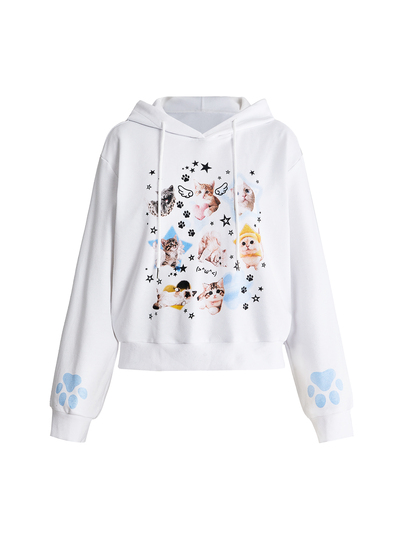 Herbst/Winter Kawaii Katzenmuster Ohrdesign Kapuzenpullover für Frauen, geeignet für die Schule