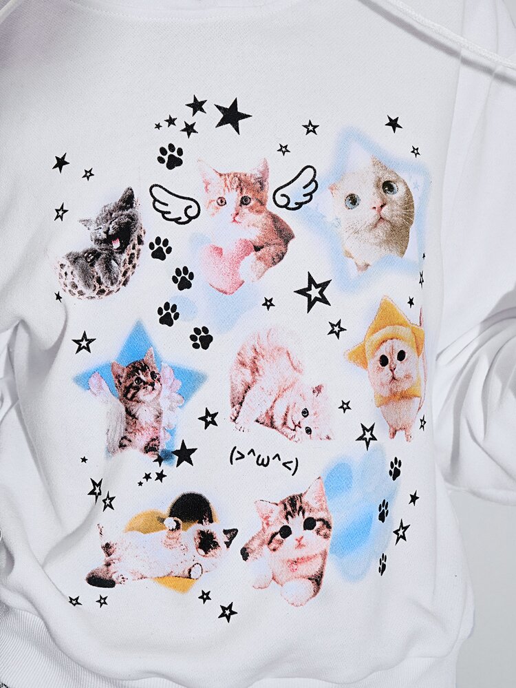 ROMWE Autumn/Winter Kawaii Cat Print Ear Design Hooded Sweatshirt For Women, Suitable For School - White - View 2