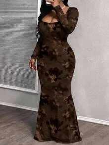 Slaydiva Plus Size Women's Floral Print Square Neck Long Sleeve Fitted Elegant Dress - Multicolor - View 1