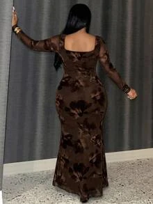 Slaydiva Plus Size Women's Floral Print Square Neck Long Sleeve Fitted Elegant Dress - Multicolor - View 2