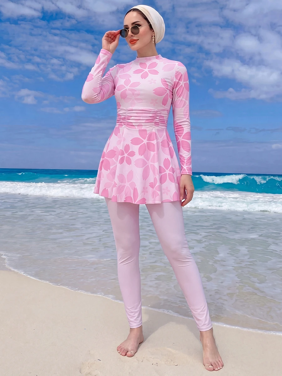 Swim Shayni 2pcs Floral Print Full Coverage Long Sleeve Long Top And Solid Color Long Pants Burkini Swimwear Set For Women - Pink - View 1