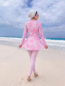 Swim Shayni 2件組女款花卉印花全遮蓋長袖長上衣與純色長褲布基尼泳衣套裝 - 粉色 - 查看 2