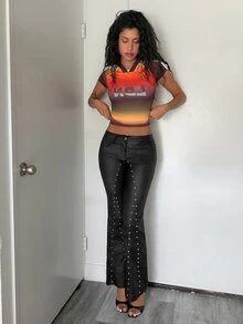Jeanoix Women's Y2K Fashion Low Waist Patchwork Rivet Decor Faux PU Coated Flare Pants - Black - View 3