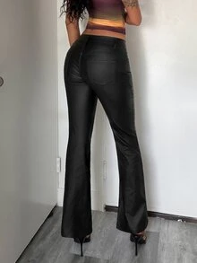 Jeanoix Women's Y2K Fashion Low Waist Patchwork Rivet Decor Faux PU Coated Flare Pants - Black - View 2