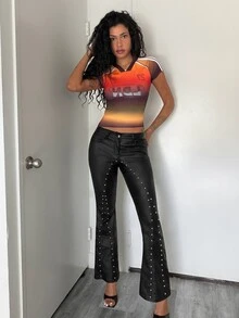 Jeanoix Women's Y2K Fashion Low Waist Patchwork Rivet Decor Faux PU Coated Flare Pants - Black - View 6