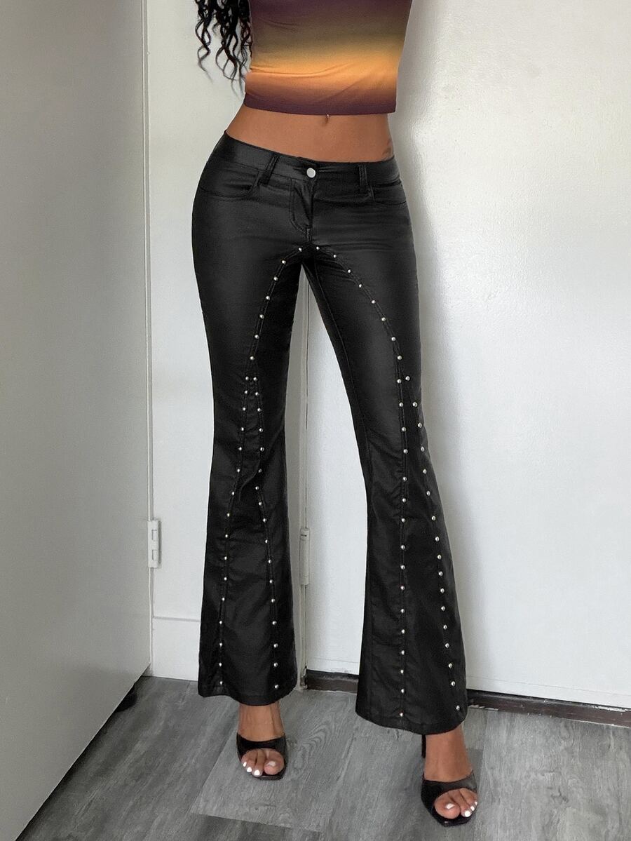 Jeanoix Women's Y2K Fashion Low Waist Patchwork Rivet Decor Faux PU Coated Flare Pants - Black - View 1