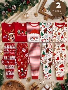 SHEIN Tween Girls Tween Girl Autumn/Winter Christmas Cute Fashion Versatile Party Long Sleeve Pants Set, Snug Fit For Daily Wear And Home - Red and White - View 9
