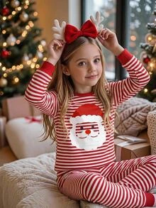 SHEIN Tween Girls Tween Girl Autumn/Winter Christmas Cute Fashion Versatile Party Long Sleeve Pants Set, Snug Fit For Daily Wear And Home - Red and White - View 1
