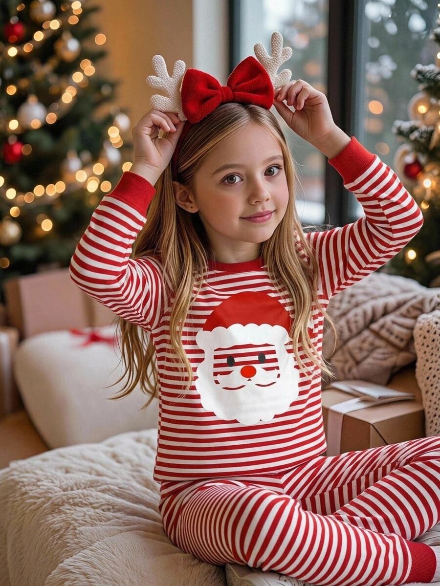 SHEIN Tween Girls Tween Girl Autumn/Winter Christmas Cute Fashion Versatile Party Long Sleeve Pants Set, Snug Fit For Daily Wear And Home - Red and White - View 1