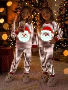 SHEIN Tween Girls Tween Girl Autumn/Winter Christmas Cute Fashion Versatile Party Long Sleeve Pants Set, Snug Fit For Daily Wear And Home - Red and White - View 13