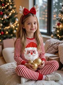 SHEIN Tween Girls Tween Girl Autumn/Winter Christmas Cute Fashion Versatile Party Long Sleeve Pants Set, Snug Fit For Daily Wear And Home - Red and White - View 3