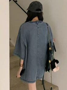DAZY Women's Loose Denim Top With Round Neck, Drop Shoulder, Five-Pointed Star Frayed Design Cute Tops - Medium Wash - View 5