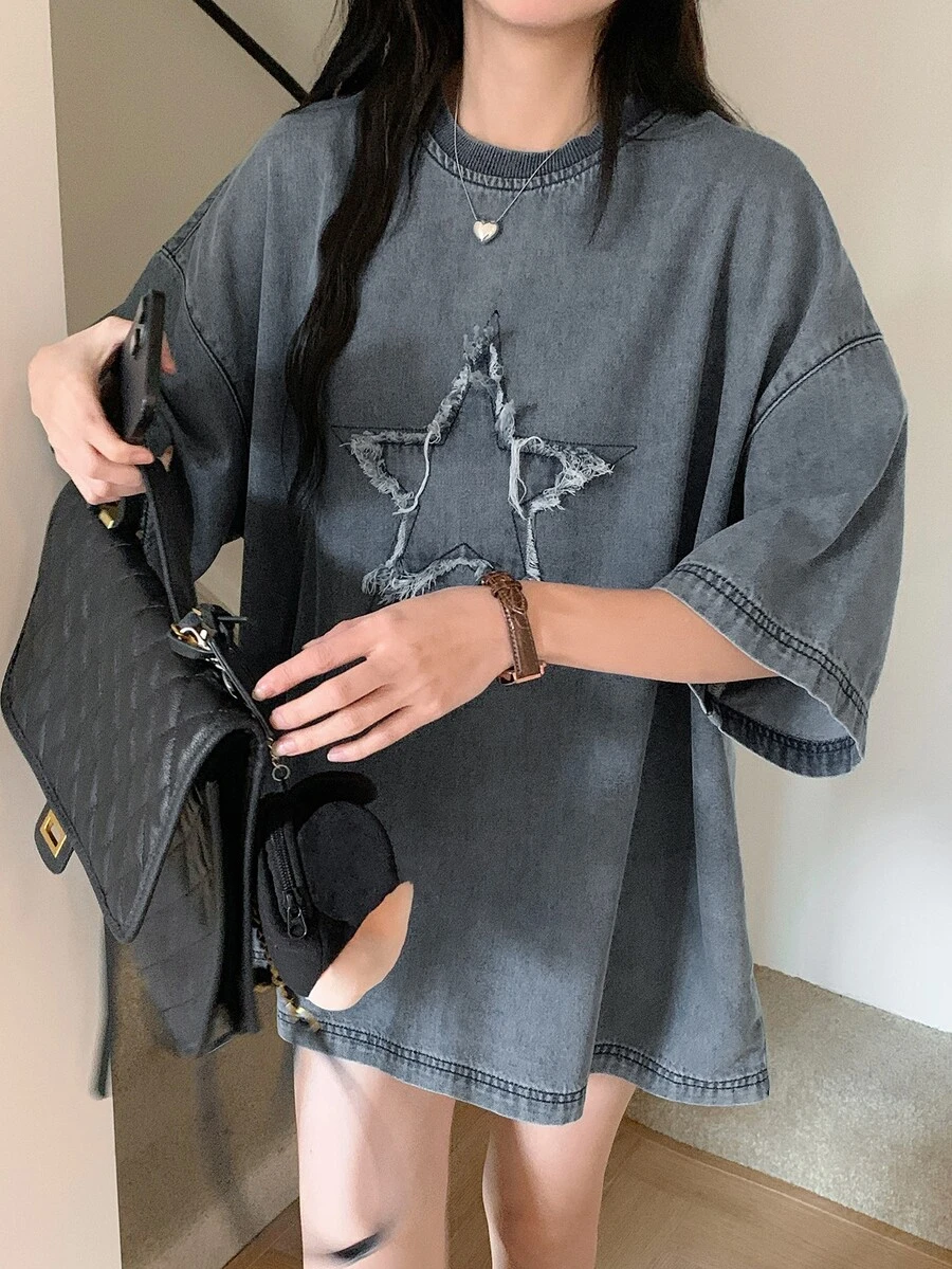 DAZY Women's Loose Denim Top With Round Neck, Drop Shoulder, Five-Pointed Star Frayed Design Cute Tops - Medium Wash - View 1