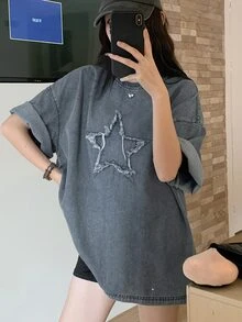 DAZY Women's Loose Denim Top With Round Neck, Drop Shoulder, Five-Pointed Star Frayed Design Cute Tops - Medium Wash - View 8