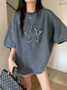 DAZY Women's Loose Denim Top With Round Neck, Drop Shoulder, Five-Pointed Star Frayed Design Cute Tops - Medium Wash - View 6