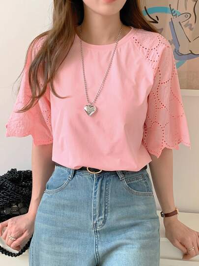 DAZY Women's Lace Patchwork Elegant City Casual Short Sleeve T-Shirt Summer Cute Tops