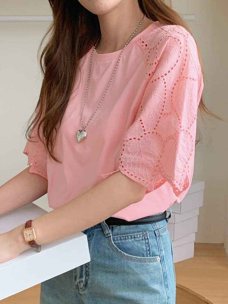DAZY Women's Lace Patchwork Elegant City Casual Short Sleeve T-Shirt Summer Cute Tops - Pink - View 5
