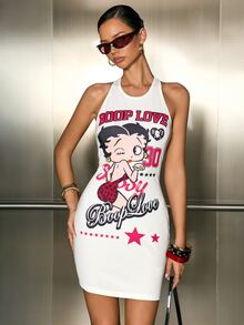 Betty Boop x SHEIN 女士字母印花吊带迷你连衣裙 - 白色 - 查看 4